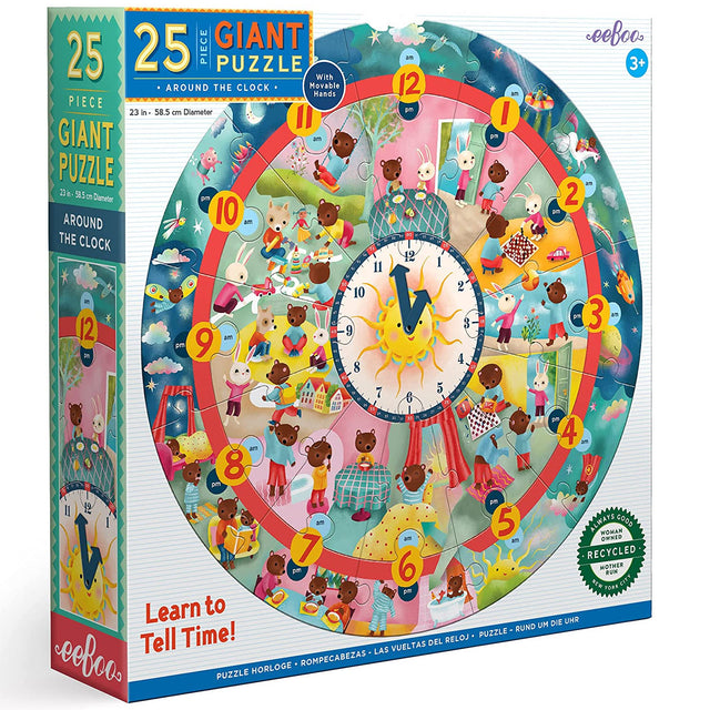 25pc Around the Clock Puzzle featuring 25 giant pieces and movable clock hands teaching time and 24-hour day concepts.