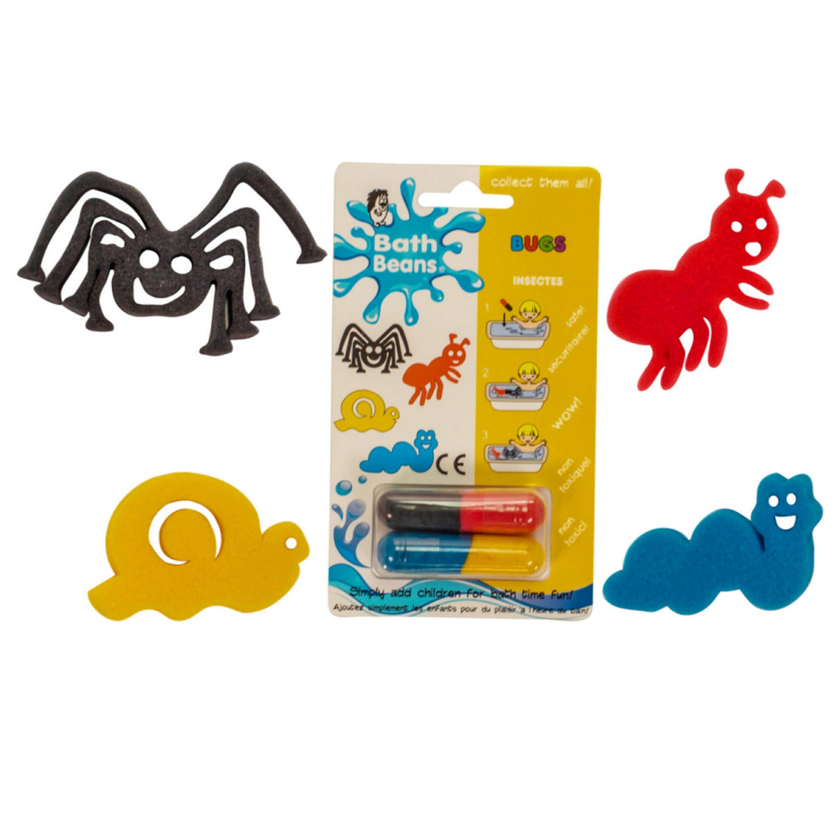 Bath Beans Bugs showing colorful bug-shaped sponges and dissolvable capsules for fun bath toys for kids.