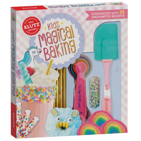 Kids Magical Baking kit with colorful tools, sprinkles, and a recipe book for magical kid-friendly baking fun.