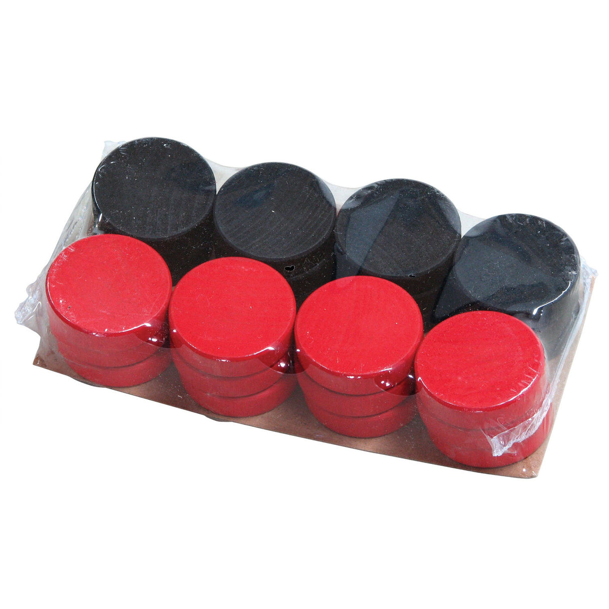 Checkers wooden game pieces in red and black, stackable with king crown engraving, for the Checkers product.