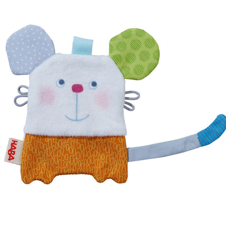 Crinkle Crackle Mouse soft comforter toy with colorful ears, tail, and whiskers that crackle when handled for all ages.