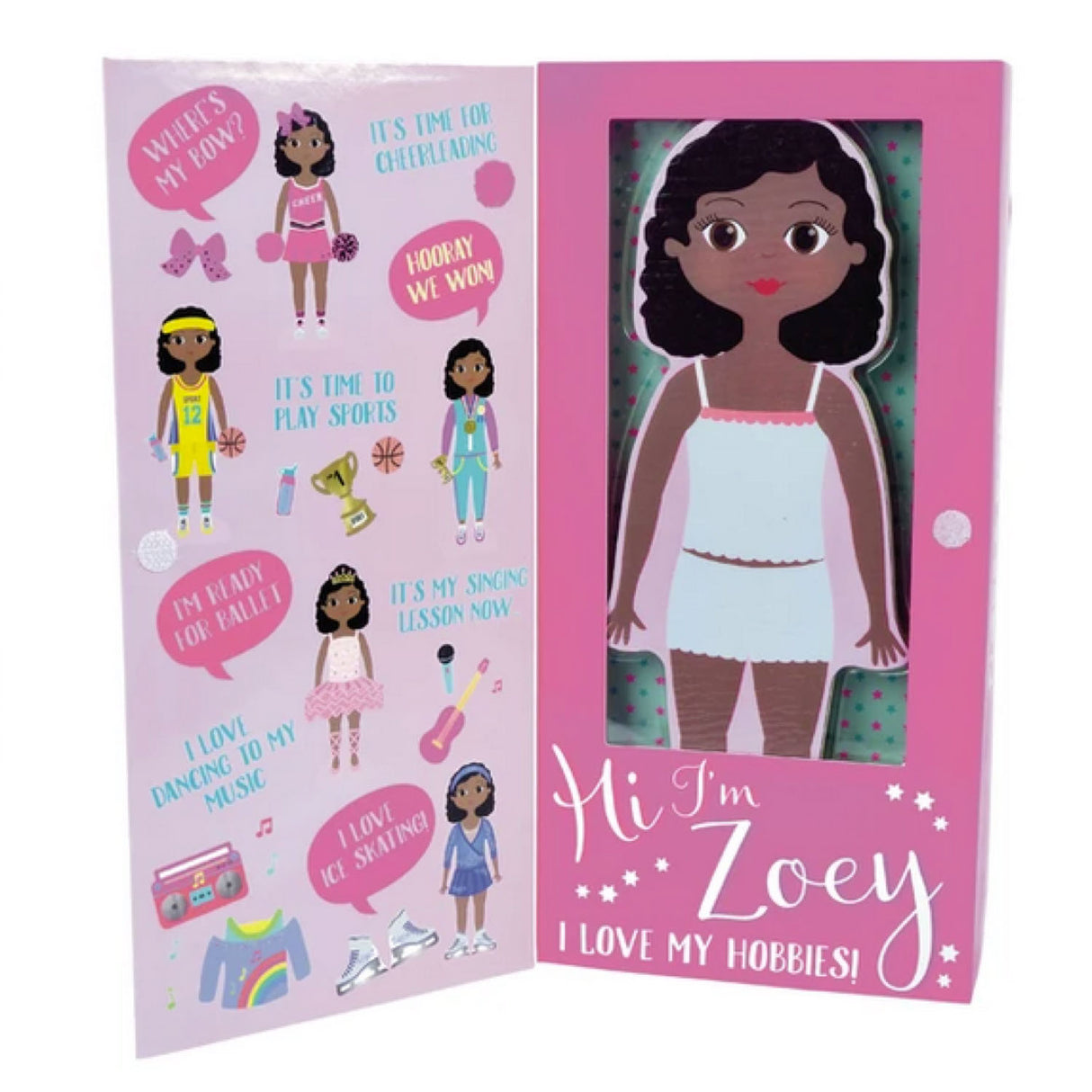 Magnetic Dress Up | Zoey wooden doll with 7 interchangeable outfits and reversible backdrop in reusable gift box.