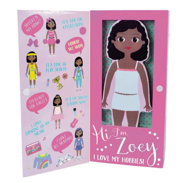 Magnetic Dress Up | Zoey wooden doll with 7 interchangeable outfits and reversible backdrop in reusable gift box.