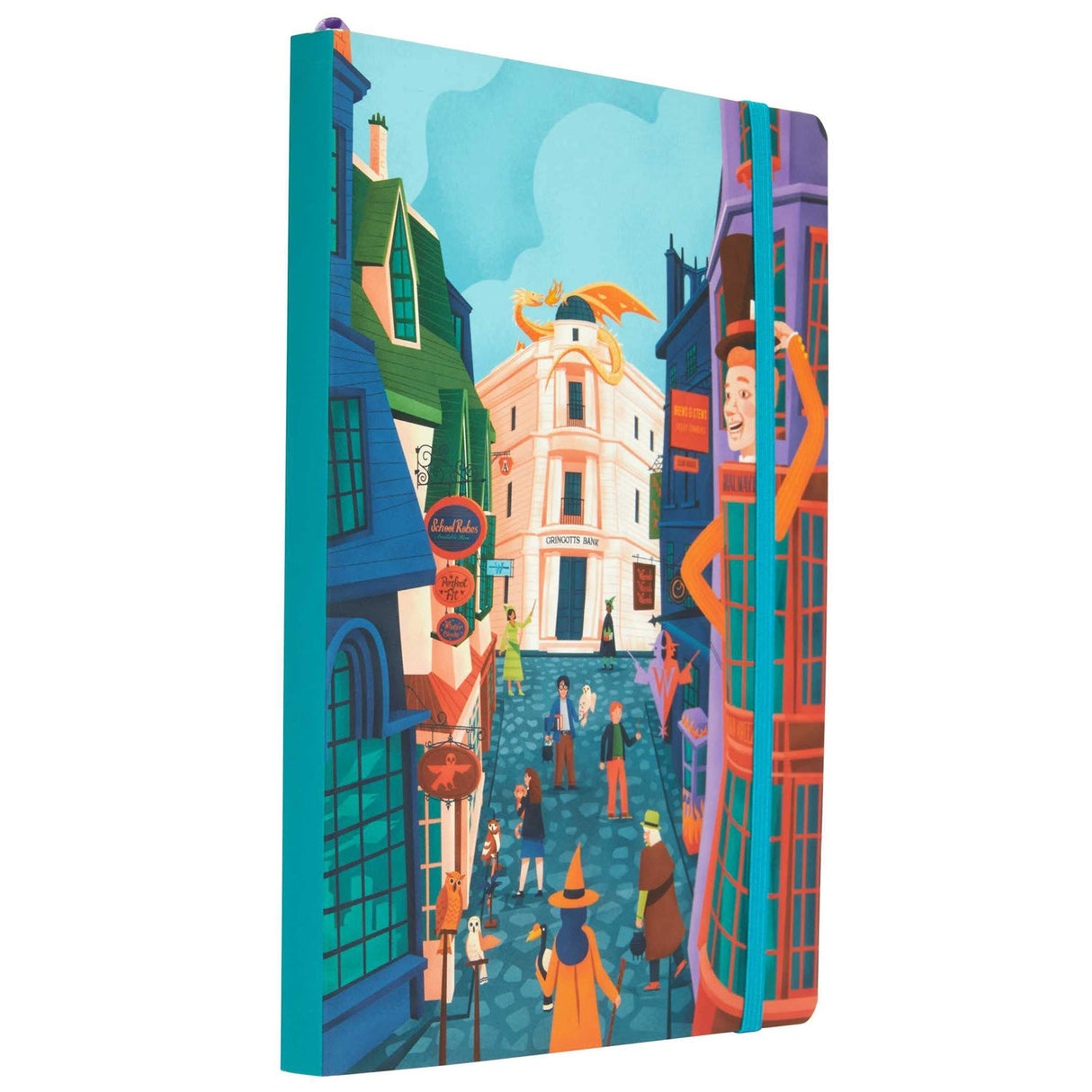 Exploring Diagon Alley Notebook with whimsical Studio Muti artwork featuring a vibrant magical street scene and elastic band closure.