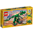 LEGO Creator Mighty Dinosaurs set featuring a posable T. rex with prey rib cage and 3-in-1 rebuild options.