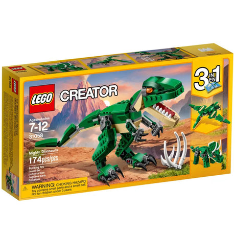 LEGO Creator Mighty Dinosaurs set featuring a posable T. rex with prey rib cage and 3-in-1 rebuild options.