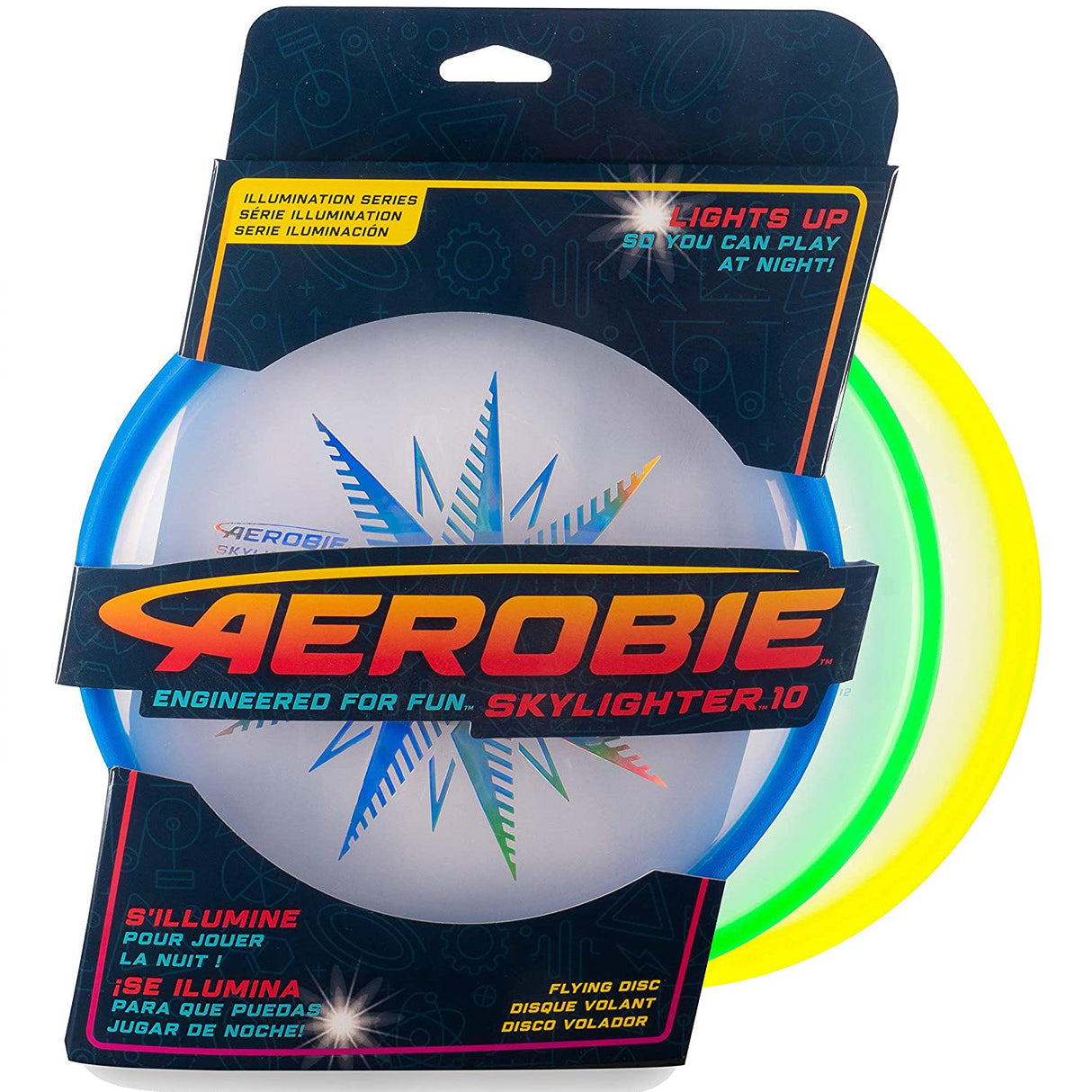 Aerobie Skylighter flying disc with built-in lights for night play, cushioned edges, and vibrant colors in packaging.