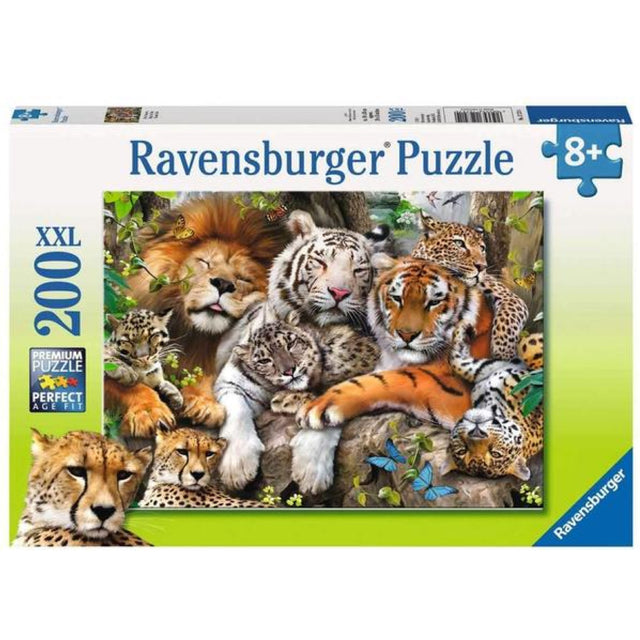200pc Big Cat Nap Puzzle showing a colorful, detailed image of various big cats resting together in nature.