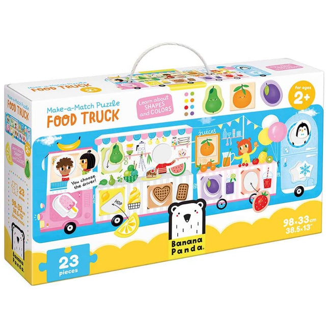 23pc Food Truck Match Puzzle with colorful jumbo pieces teaching shapes and colors for kids aged 2 and up.