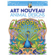 Art Nouveau Animals Coloring Book cover featuring a detailed, colorful peacock in elegant Art Nouveau style.