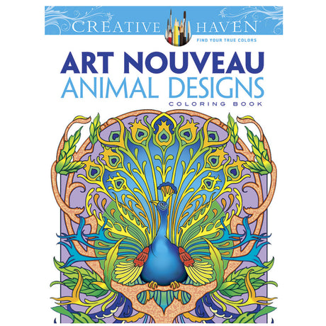 Art Nouveau Animals Coloring Book cover featuring a detailed, colorful peacock in elegant Art Nouveau style.