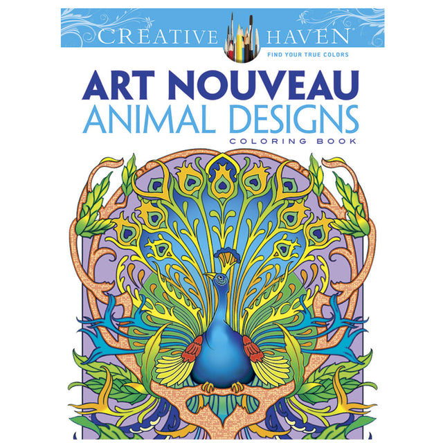 Art Nouveau Animals Coloring Book cover featuring a detailed, colorful peacock in elegant Art Nouveau style.