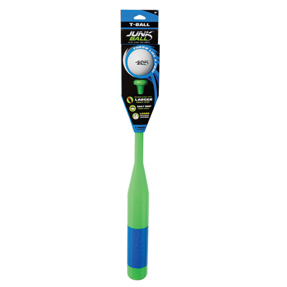 JunkBall T-Ball Bat & Ball Set with green and blue lightweight bat and soft foam ball for ages 5 and up.