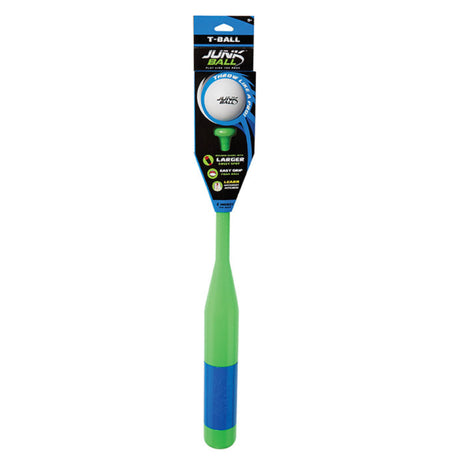 JunkBall T-Ball Bat & Ball Set with green and blue lightweight bat and soft foam ball for ages 5 and up.