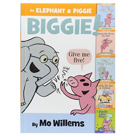Elephant & Piggie Biggie book cover featuring Elephant and Piggie giving a high five by Mo Willems.