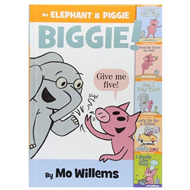 Elephant & Piggie Biggie book cover featuring Elephant and Piggie giving a high five by Mo Willems.