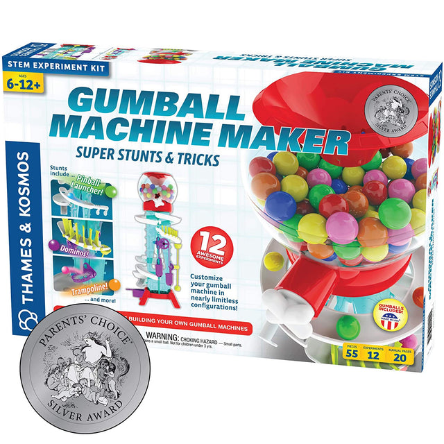 Gumball Machine Maker STEM kit featuring customizable gumball track and educational physics stunts for kids ages 6-12.