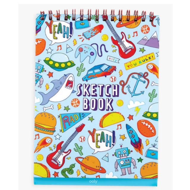 Awesome Doodles Sketchbook with colorful doodles of sharks, spaceships, guitars, and fun playful designs on the cover.