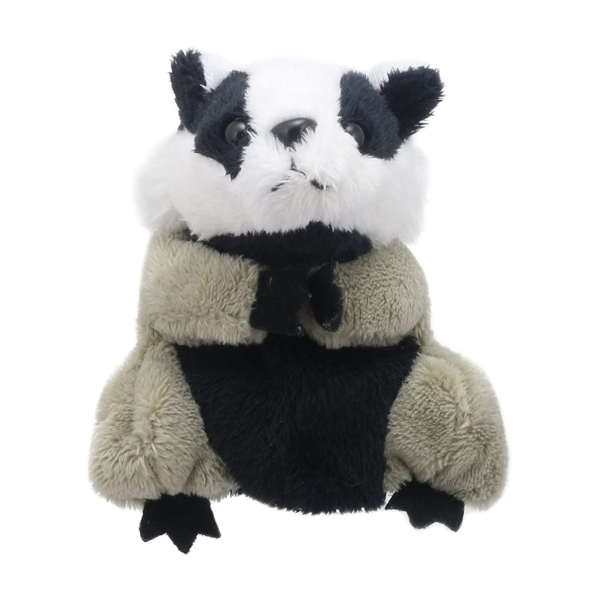 Soft and cuddly Badger Finger Puppet in black and white plush, perfect for imaginative play for ages 1 and up.