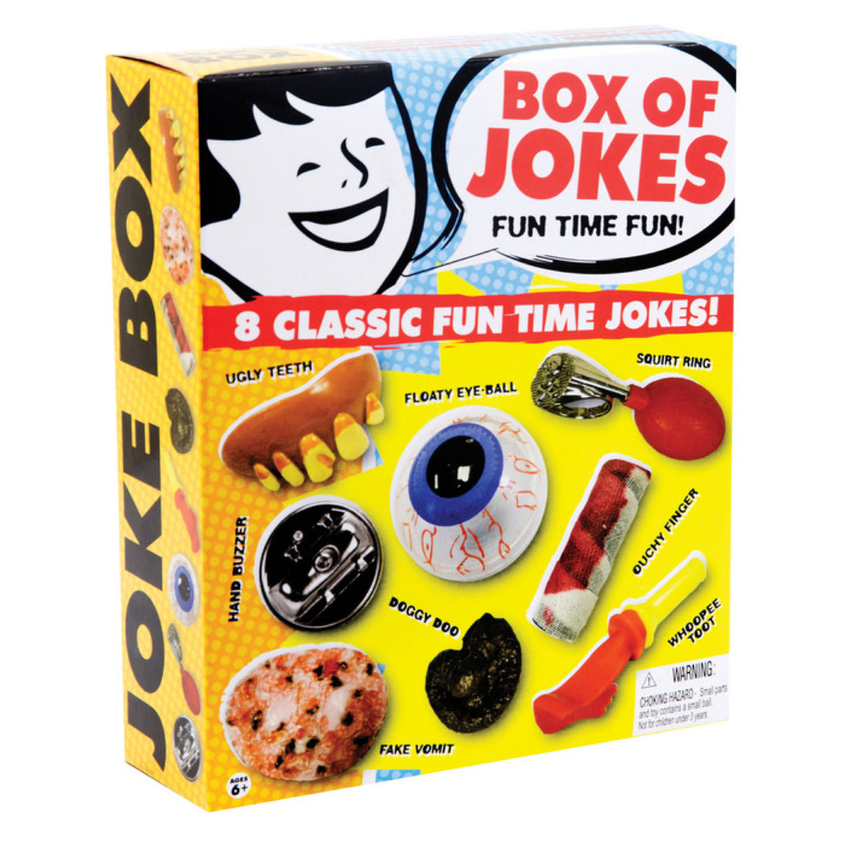 Joke Box with 8 classic gags including goofy teeth, hand buzzer, floating eyeball, fake vomit, and whoopee cushion.