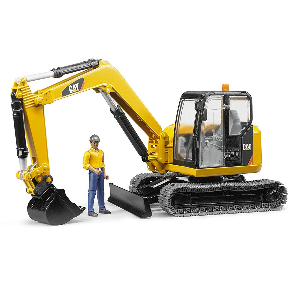 Cat Mini Excavator with Worker toy featuring a detailed excavator and construction worker figure in yellow and black colors.