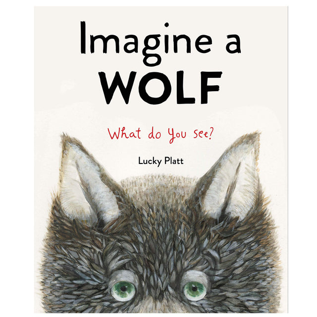 Imagine a Wolf book cover showing the top of a wolf’s head with green eyes and large ears by Lucky Platt.