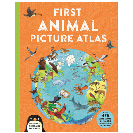 First Animal Picture Atlas book cover with colorful world map and illustrated animals highlighting global habitats.