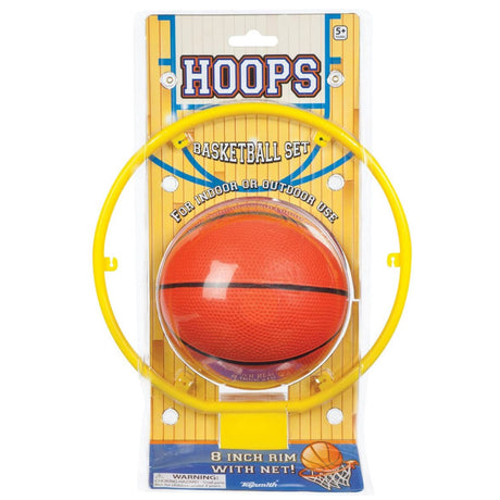 Hoops Basketball Set with 8-inch yellow rim and classic orange ball for indoor or outdoor mini basketball fun.