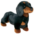Dachshund Spats plush toy with smooth black and tan fur, long nose, 16 inches, machine washable and soft.