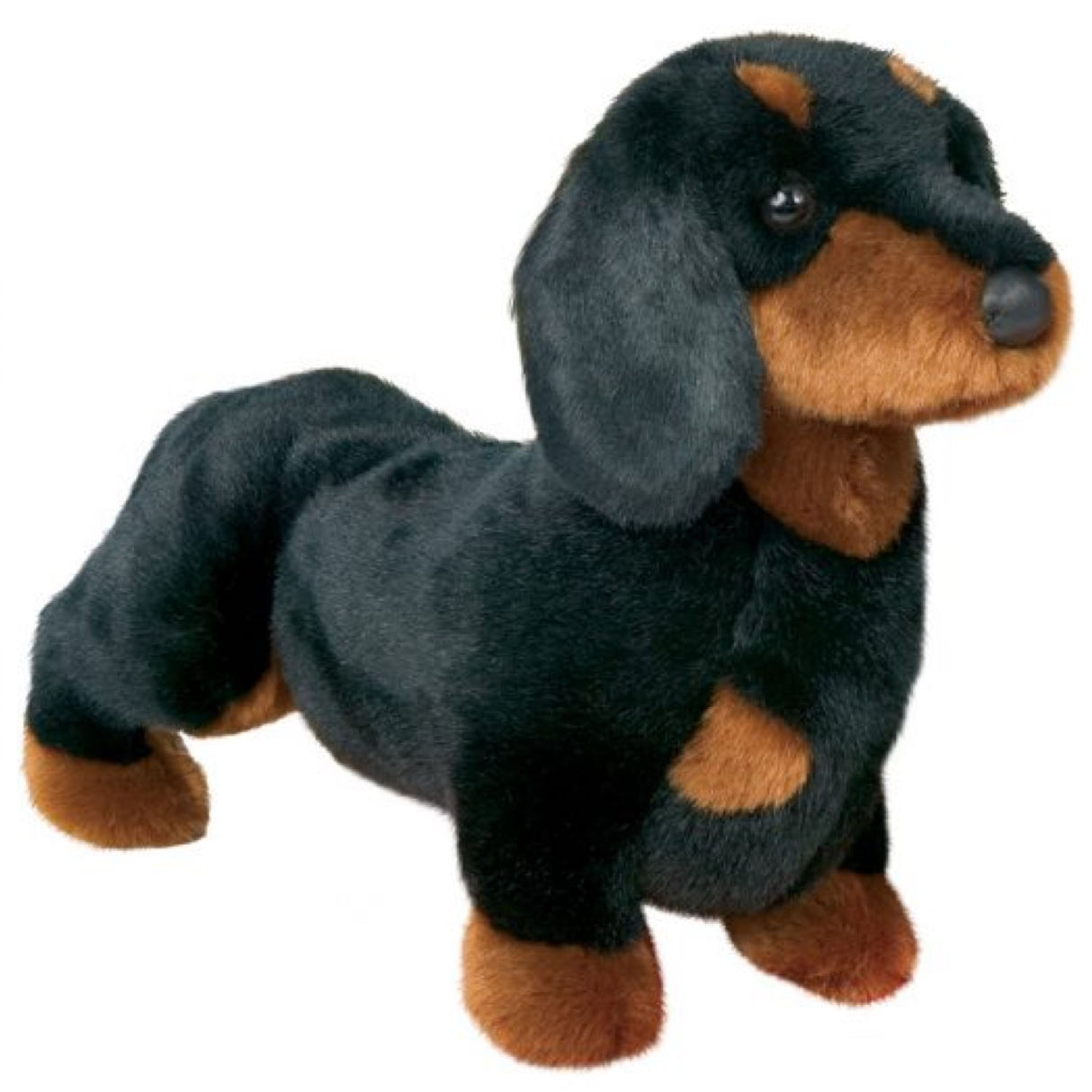 Dachshund Spats plush toy with smooth black and tan fur, long nose, 16 inches, machine washable and soft.