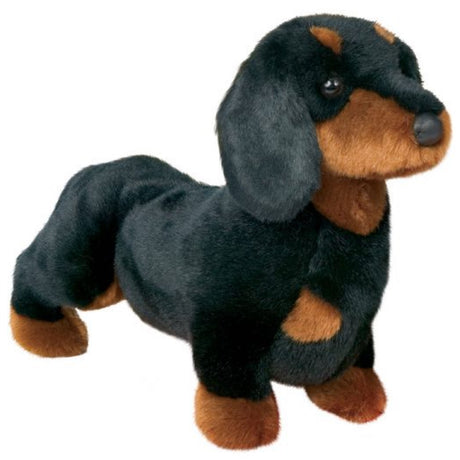 Dachshund Spats plush toy with smooth black and tan fur, long nose, 16 inches, machine washable and soft.
