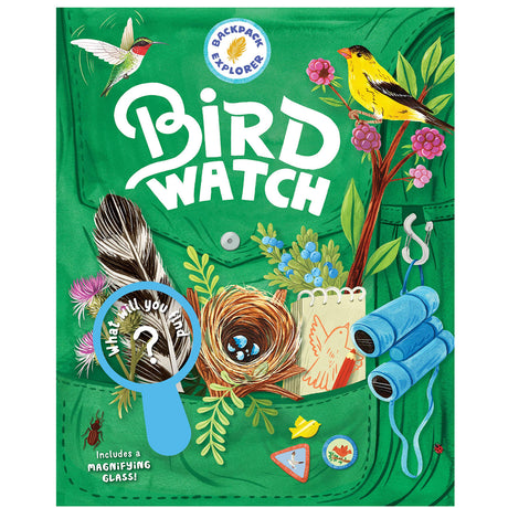 Backpack Explorer: Bird Watch book cover with birds, nest, binoculars, magnifying glass, and nature-themed illustrations.