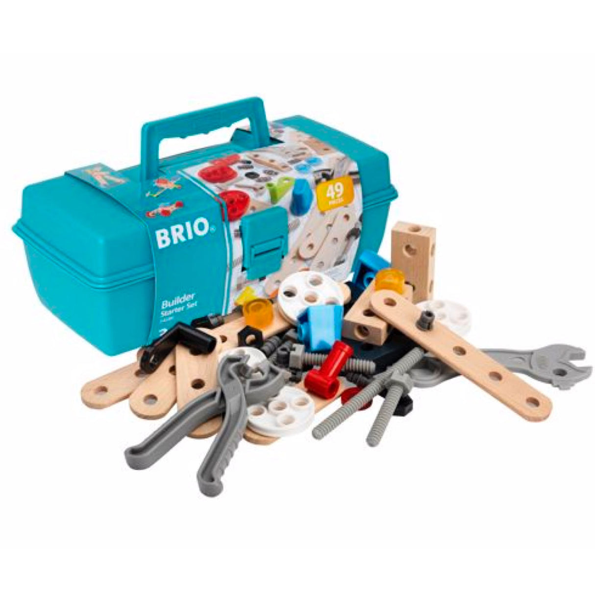 Builder Starter Set with 49 pieces including tools and wooden parts in a teal plastic toolbox for kids ages 3 and up.
