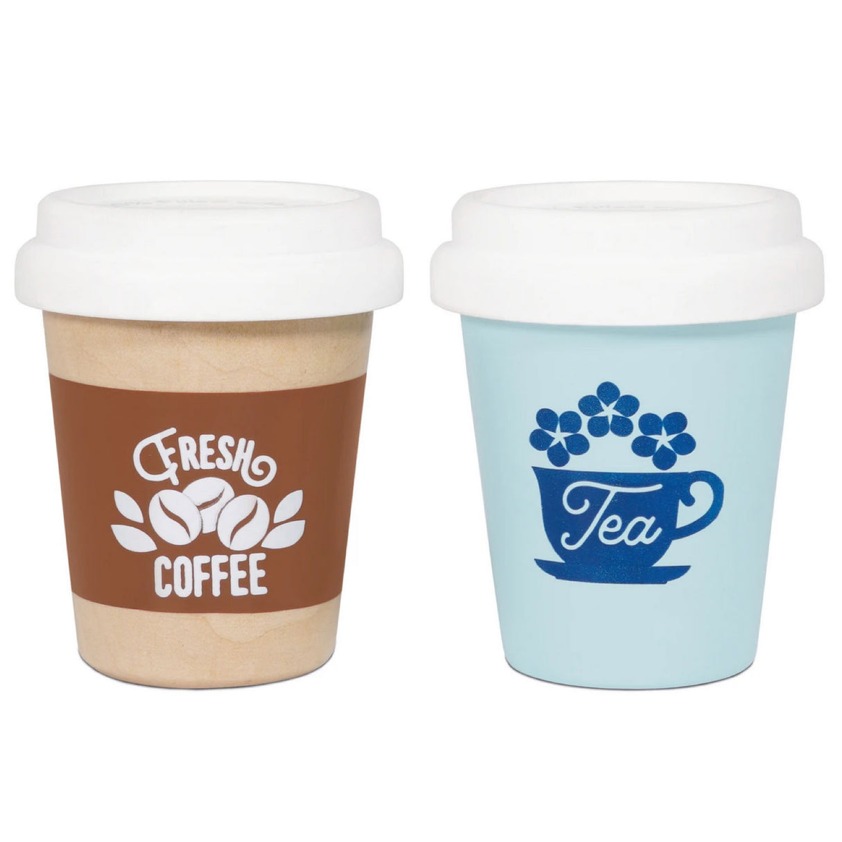 Eco Cups Tea & Coffee wooden toy takeaway set with lids, featuring realistic coffee and tea cup designs for imaginative play.