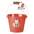 Bright red Bugs Pail with a wooden handle and bee design, perfect for kids’ outdoor play and gardening.