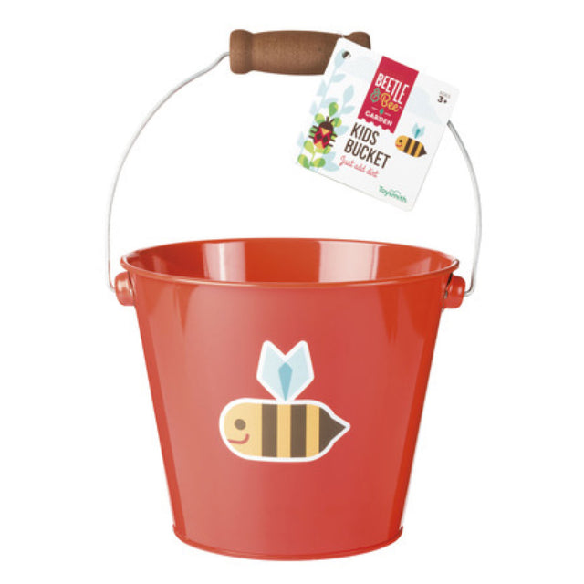 Bright red Bugs Pail with a wooden handle and bee design, perfect for kids’ outdoor play and gardening.