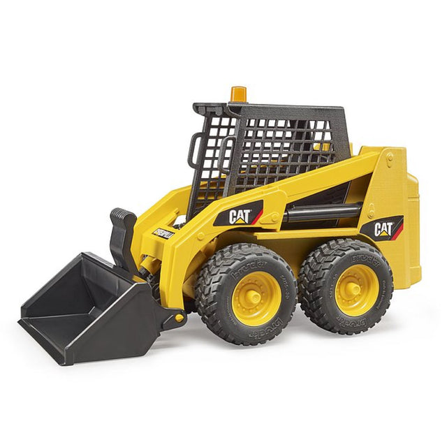 CAT Skid Steer Loader toy model with functional loading arm, tread tires, and detachable tipping front shovel in yellow and black.