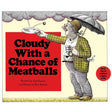 Cloudy With a Chance of Meatballs book cover showing a man with umbrella catching falling meatballs on a plate.
