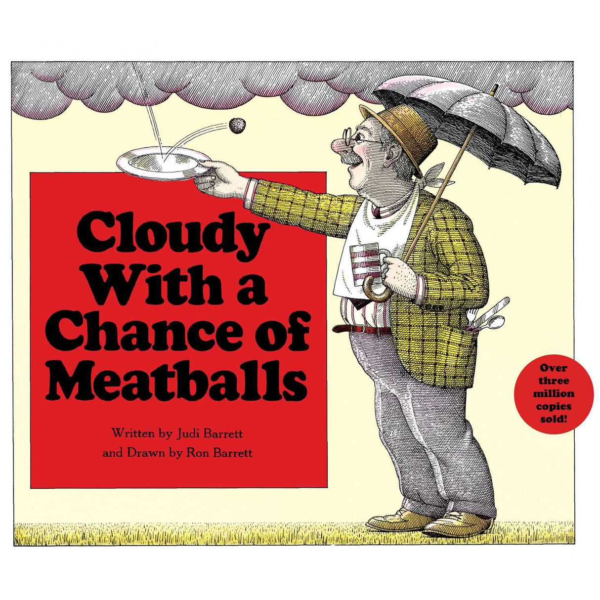 Cloudy With a Chance of Meatballs book cover showing a man with umbrella catching falling meatballs on a plate.