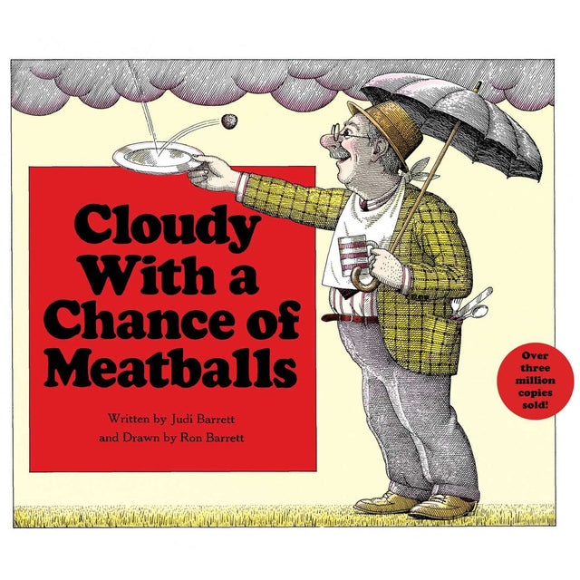 Cloudy With a Chance of Meatballs book cover showing a man with umbrella catching falling meatballs on a plate.
