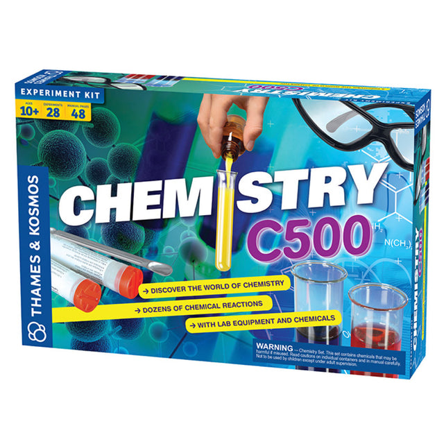 Chemistry 500 experiment kit box showing test tubes, safety goggles, and colorful chemical reaction graphics.