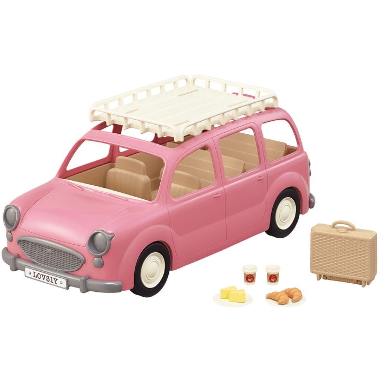 Family Picnic Van toy in pink with picnic accessories including plates, drinks, cheese, croissants, and a suitcase.