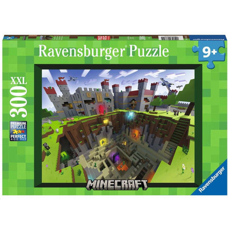 300pc Minecraft Cutaway Puzzle featuring an underground view with Nether portal elements and Minecraft characters.