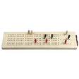 3 Track Maple Cribbage board made of maple with pegs in red, black, and natural wood colors for three-player games.