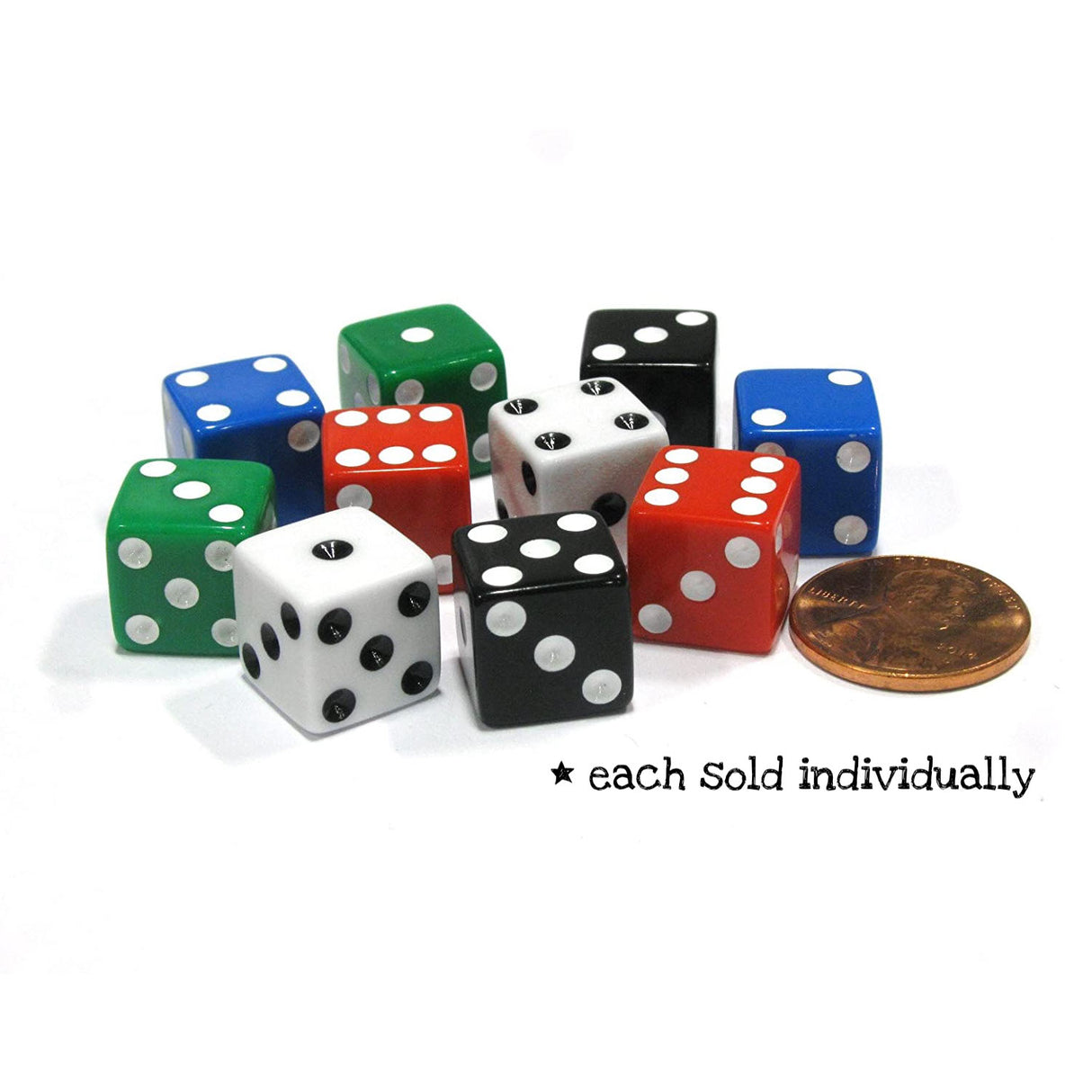 Assorted Dice showing various colored six-sided dice with traditional pips and a coin for size comparison.