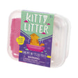 Kitty Litter Box with a 2-inch squishy cat toy and 3.5 oz moldable sand in assorted colors, dust-free and unscented.