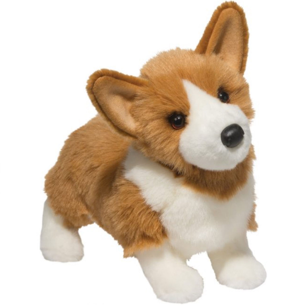 Corgi Ingrid plush toy with fluffy tan and white fur, upright jumbo ears, and stumpy corgi paws, 16 inches tall.