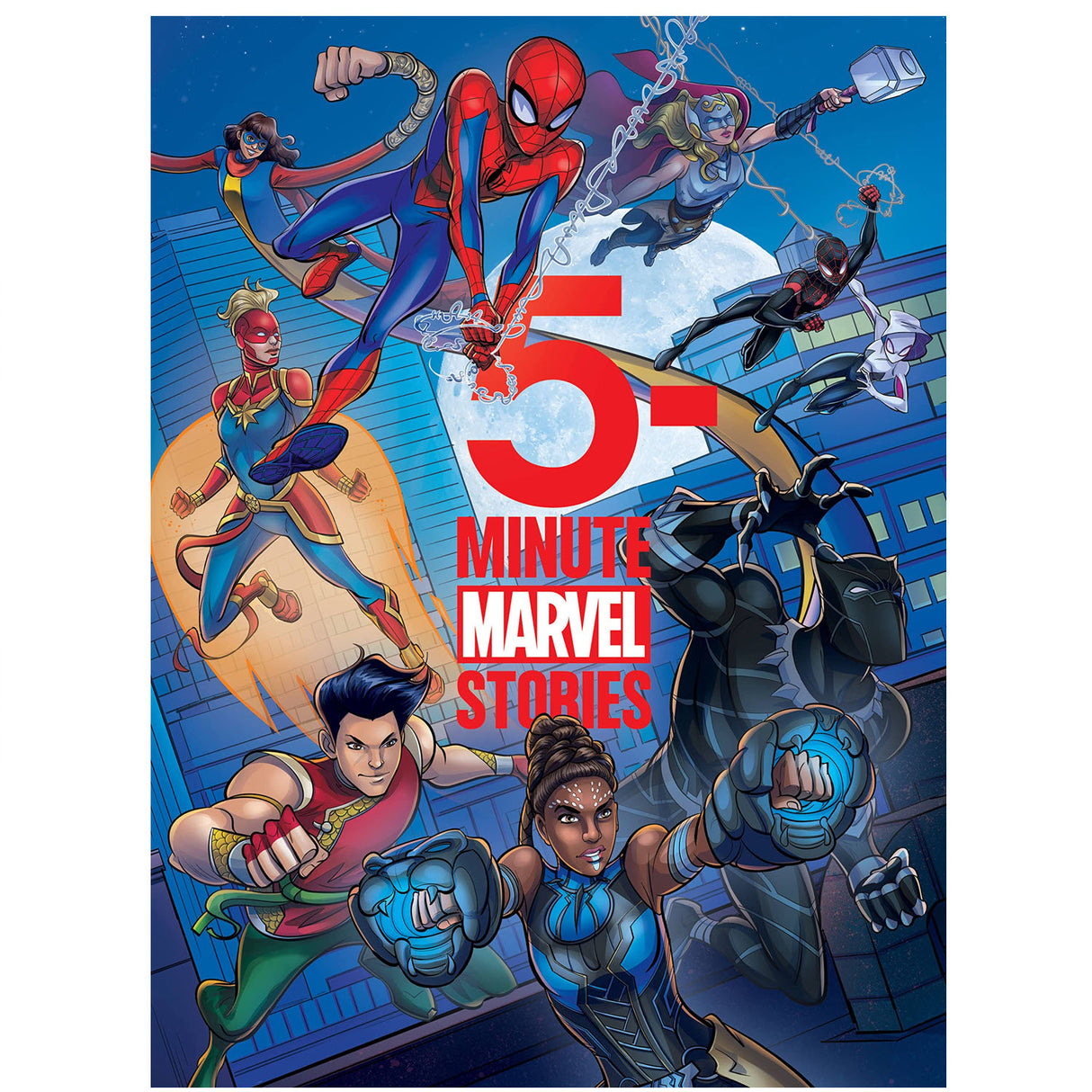 5 Minute Stories Marvel book cover featuring popular superheroes like Spider-Man, Black Panther, and Captain Marvel.