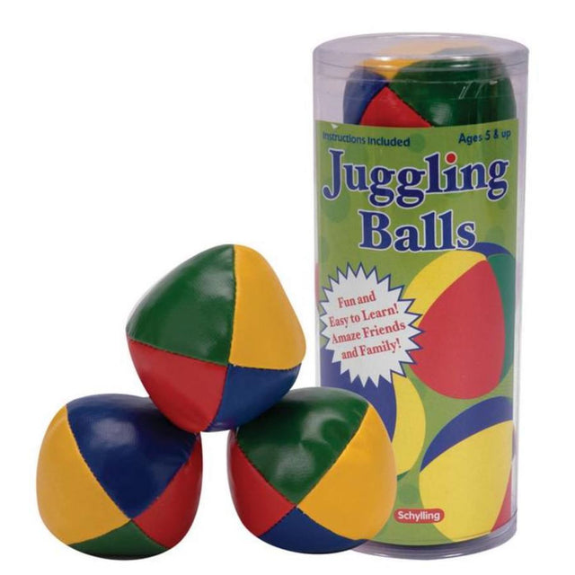 Colorful Juggling Balls set with vinyl coverage and beaded filler, includes instructions, perfect for ages 5 and up.