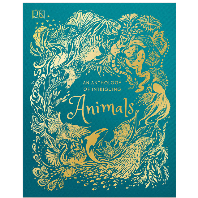 An Anthology of Intriguing Animals book cover with gold foil animal illustrations on teal background.